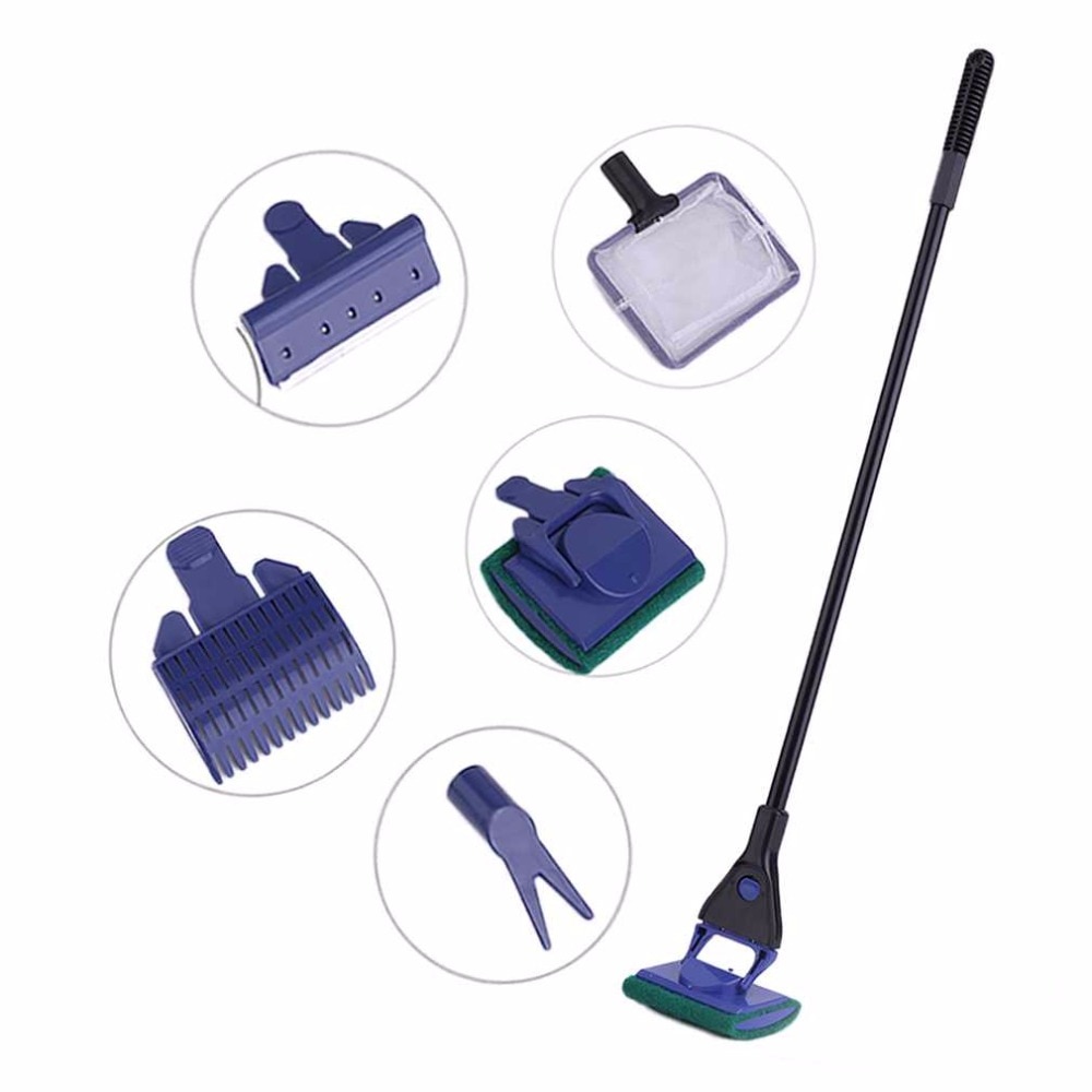 5 in 1 Aquarium Tank Complete Clean Set Fish Net Gravel Rake Algae Scraper Fork Sponge Brush Glass Aquarium Cleaner Tool Kit