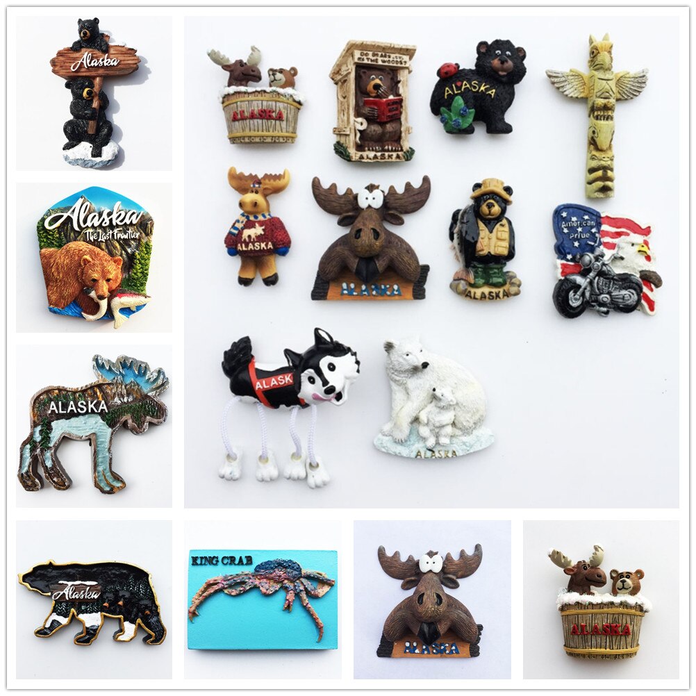 USA Alaska 3D Cartoon Bear &amp; Milu deer Fridge Magnets Tourism Souvenir Refrigerator Magnetic Sticker Collection