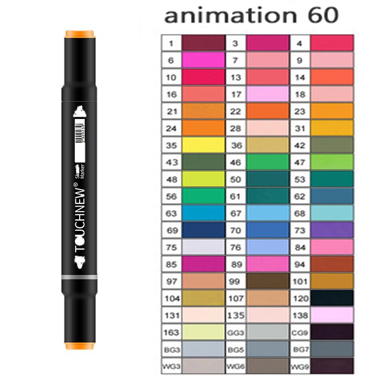 TOUCHNEW Artist Alcohol Markers Dual Tip Art Markers Twin Sketch Markers Pens Permanent Alcohol Based Markers with Case: animation 60 black