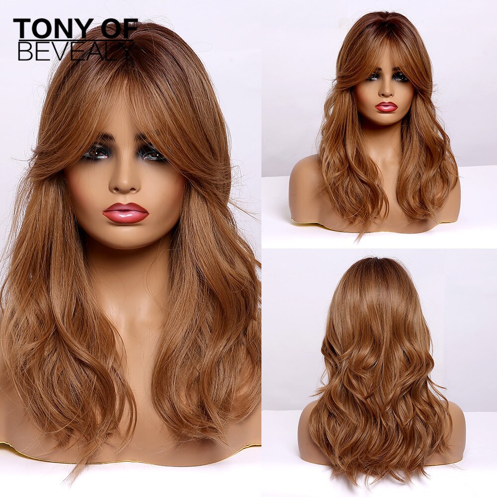 Medium Length Synthetic Wigs for Women Brown Wavy Natural Hair Wigs With Bangs Cute Cosplay Party Wigs Heat Resistant Fiber: lc304-1