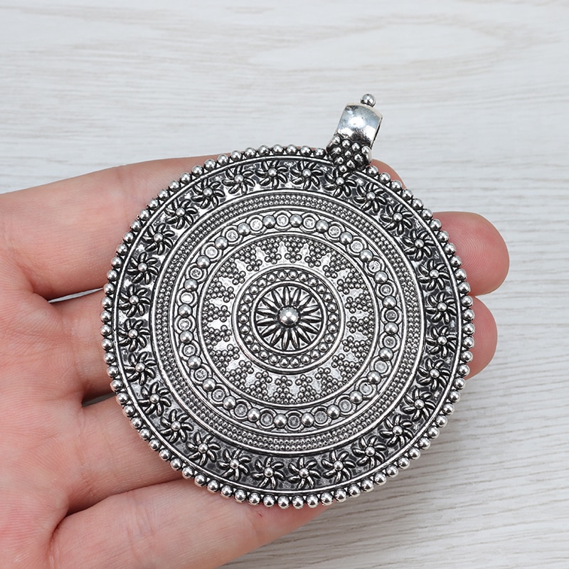 3 x Antike Silber Böhmen Boho Stamm Große Große Runde Medaillon Blume Anhänger für Halskette Schmuck, sterben Entdeckungen 76 x 64mm