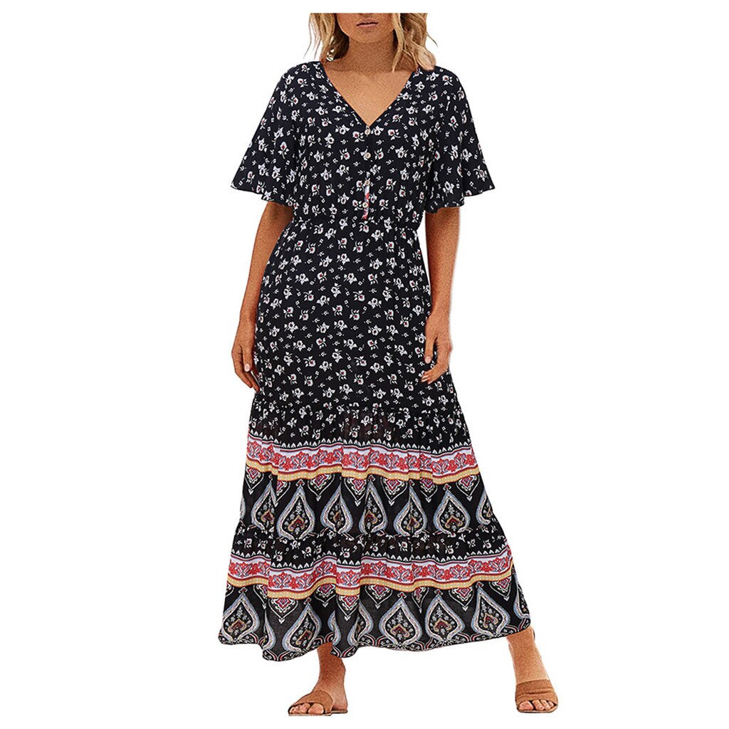Vrouwen Zonnejurk Jurk Mode Bohe Dot Print Hemdje V-hals Button Verstoorde Vintage Jurk Casual Kleding Vestidos De Mujer Elbise: Black / M