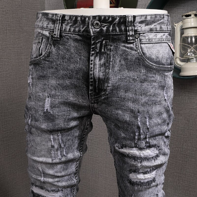 Streetwear hombres Jeans Retro gris lavado Slim Fit Ripped Jeans hombres Patchwork pantalones elásticos Vintage Jeans Homme
