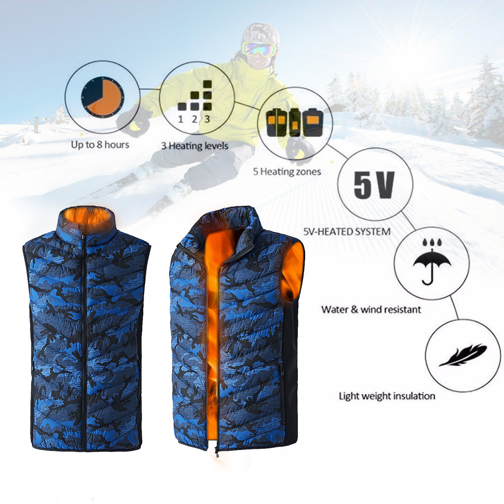 nouveaux hommes Camouflage gilet chauffant gilet chauffant USB thermique tissu plume hiver veste chasse Hinking directe