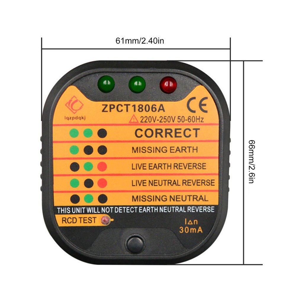 Zpct 1806a stikkontakt tester detektor kredsløb polaritet spændingsstik breaker uk jordnul linje switch sikkerhedselektroskop