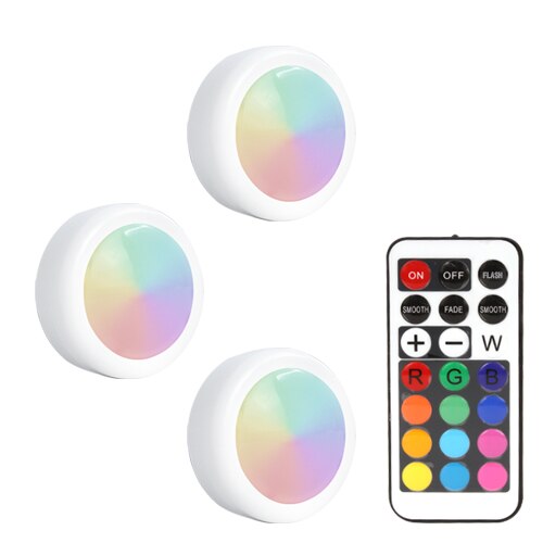 LED Under Cabinet Light RGB 12 Colors Touch Dimmable Night Puck Lamp Stair Hallway Kitchen Cupboard Wardrobe Wireless: 3 Lamps 1 Controller