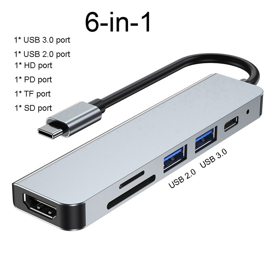Usbc Hub Type C Tot 4K Hdmi-Compatibel Pd Snel Opladen Usb 3.0 Dock RJ45 Poort Sd/tf Kaartlezer Voor Computer Laptop Pc Hub Adapter: 2 USB 6 in 1