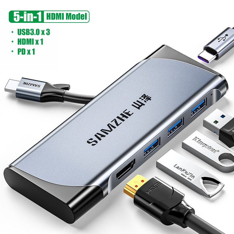 SAMZHE USB C HUB Portable Type C to Multi USB 3.0 HDMI Adapter Dock for MacBook Pro Air USB-C Splitter Port Type C HUB: 5 in 1