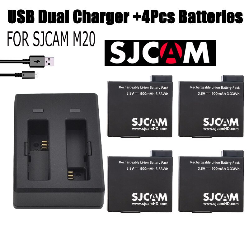 Originele sjcam m20 batterij accessoires reizen dual poorten charger + 4x batterijen voor sj cam m20 4 k wifi actie video camera