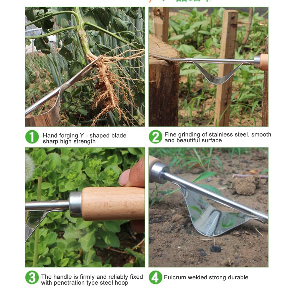 Outil à main de jardin en acier inoxydable, désherbeur, semis, repiquage, élimination du désherbage, pissenlits, fourchette, extracteur, manche en bois