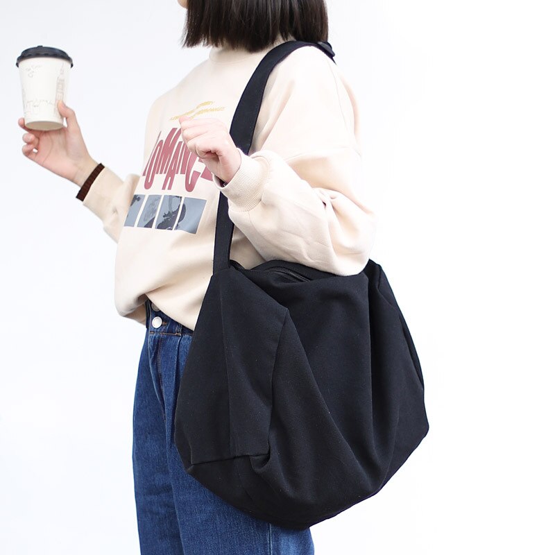 Kvinder lærred skuldertaske afslappet bomuldsklud crossbody tasker solid lynlås håndtaske indkøbspose tote studerende øko enkle bogtasker