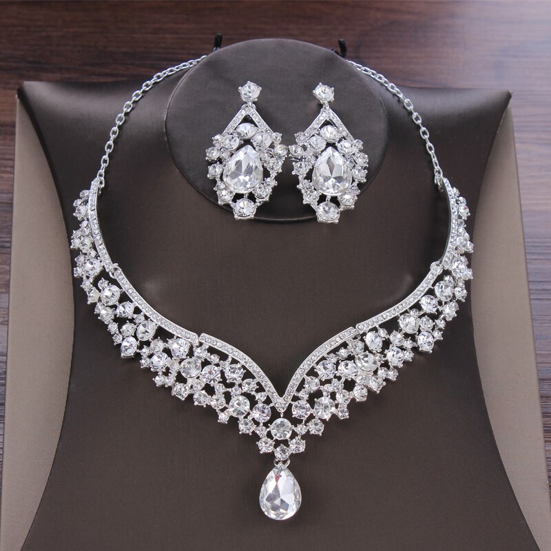 Barok Kristal Bruiloft Tiara Kroon Water Bridal Jewelry Sets Strass Ketting Oorbellen Voor Bruid Dubai Sieraden Sets