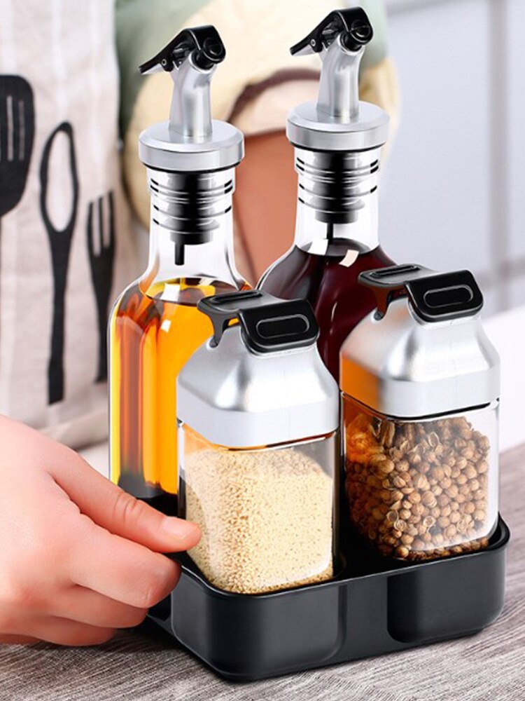 5 unids/set cocina aceite y vinagre, sal y pimienta caja de almacenamiento con bandeja soporte boquilla 2 dispensadores 2 de sal y pimienta.