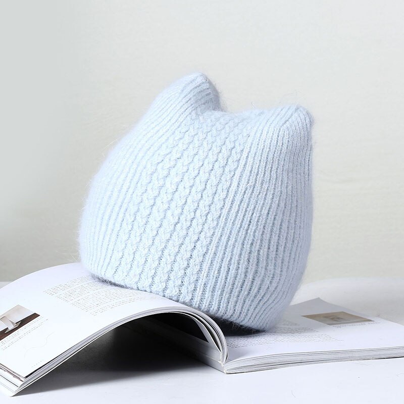 Bonnet en fourrure de lapin pour femmes, couleur unie, oreilles de chat, doux, à la , pour l&#39;extérieur, garde au , hiver: Blue