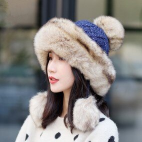 Xdanqinx Winter Vrouwen Hoed Elegante Dames Gebreide Muts Warme Dikke Bomber Hoeden Voor Vrouwen Anti-Koude Hoed Winter Ski Cap: navy blue