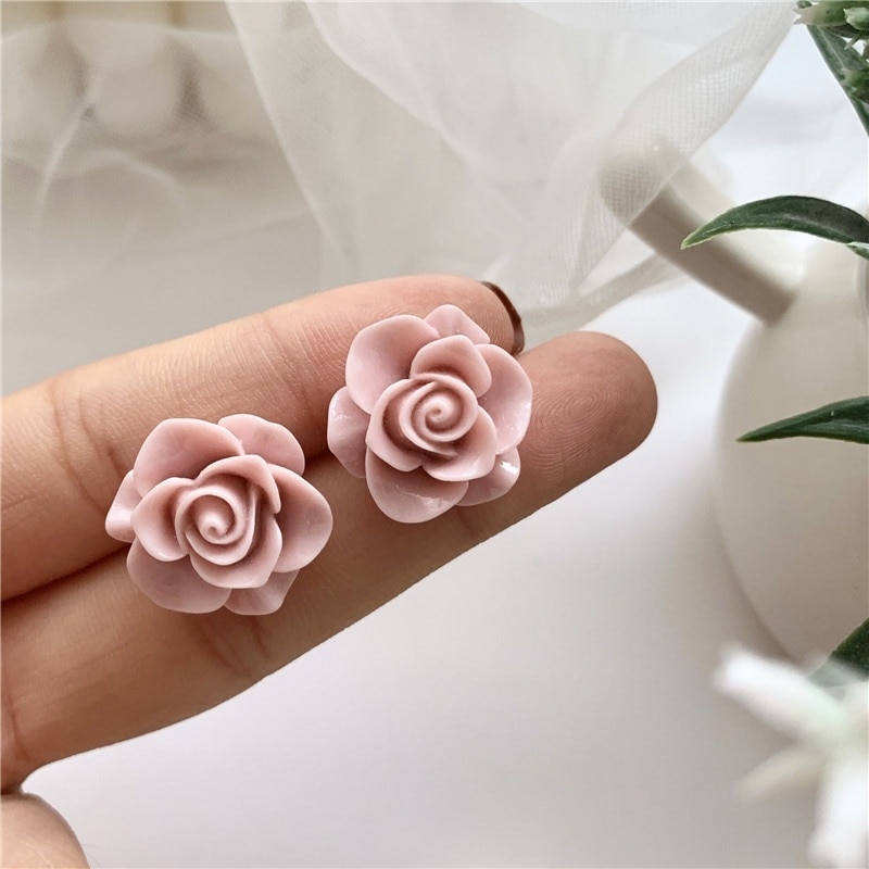 Resin Rose Stud Earrings 3D Carved Pink Rose Flower Earrings Jewelry Christmas for Women Girls Post Stud Earrings