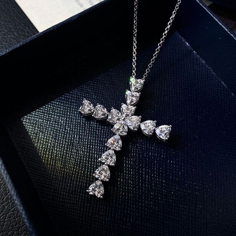 Oevas 100% 925 Sterling Zilver Sparkling Volledige 5*5Mm Hart Hoge Carbon Diamanten Kruis Hanger Ketting Vrouwen Party fijne Sieraden: WHITE
