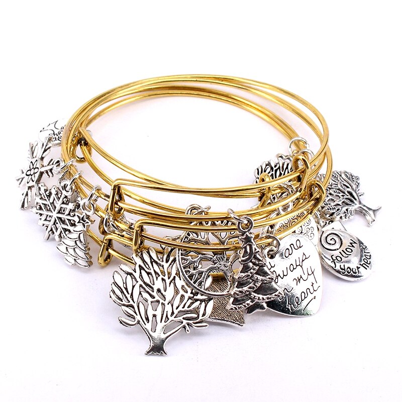 5pcs Bangle Set Wire Bracelets for Women Girls Jewllery Mixed Life Tree Charm Expandable Bracelets for Christmas C038: Antique Gold Plated