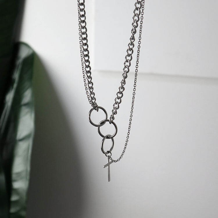 Gelaagde Ketting Heren Rvs Hip Hop Kruis Ketting Cirkel Hanger Verklaring Collier Stalen Sieraden