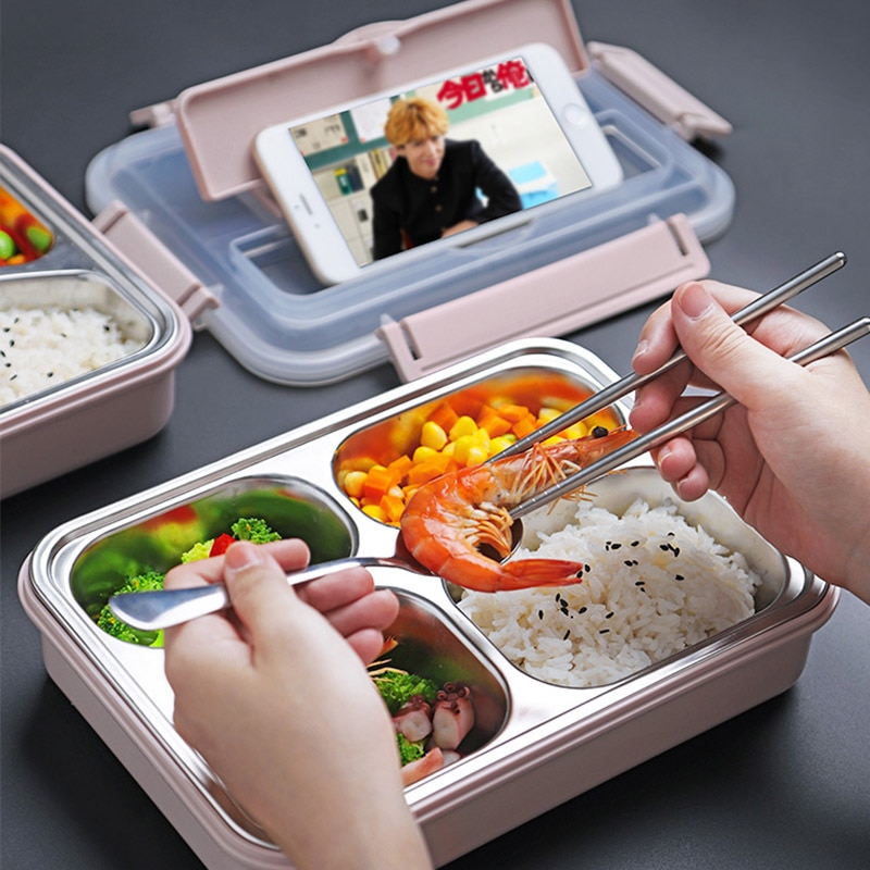 Portable 304 Stainless Steel Lunch Box Compartment Bento Box Kitchen Leakproof Food Container To Send Tableware
