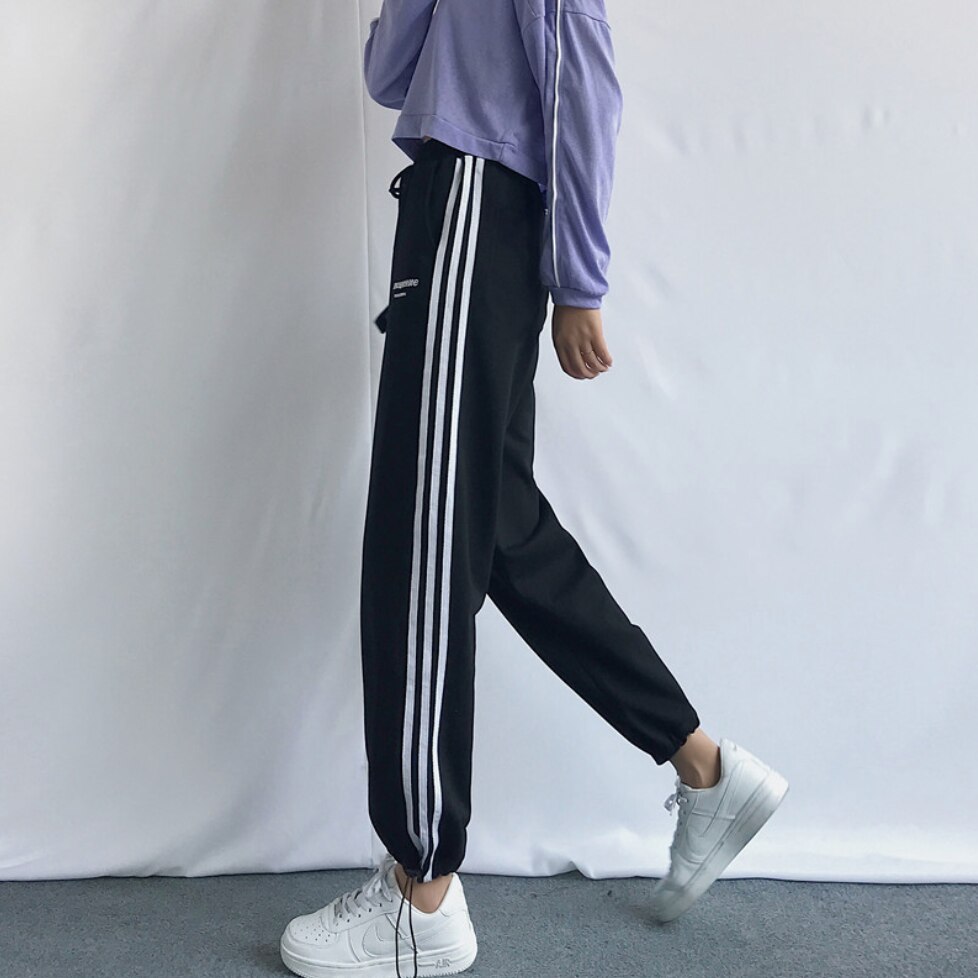 Sweatpants Women Sports Pants Joggers Streetwear Side Stripes High Waisted Drawstring Hem Trousers For Women Jogging Sportswear