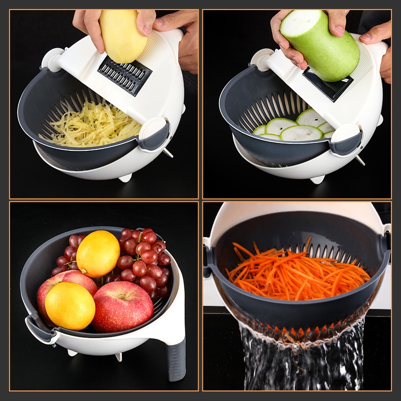 Magie Multifunktionale Drehen Gemüse Cutter Mit Ablauf Korb Küche Veggie Frucht Schredder Reibe Schneidemaschine