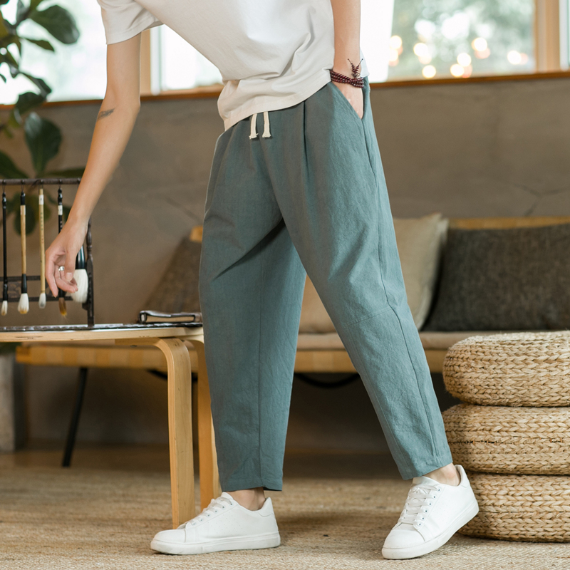 2023 letnie męskie spodnie bawełniane lniane modne spodnie na co dzień jednokolorowe oddychające luźne spodenki proste spodnie Streetwear M-5XL: XL / green