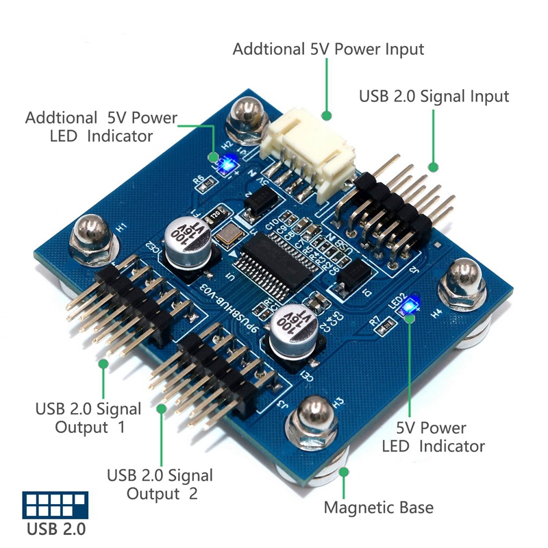 4-Port USB 2.0 Hub Module with SATA Power Cable and Magnetic Base for Desktop, Keyboard, Mouse, USB Flash Drive