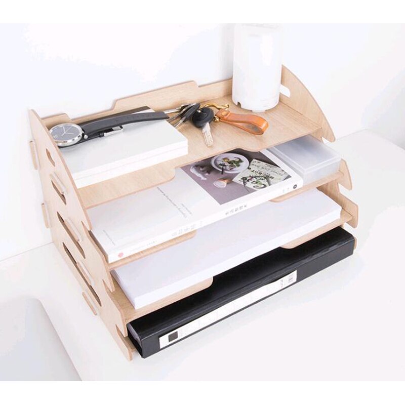Diy træ håndlavet skrivebord arrangør kontor skoleartikler skrivebord tilbehør arrangør 4 lag arkfad bogholder