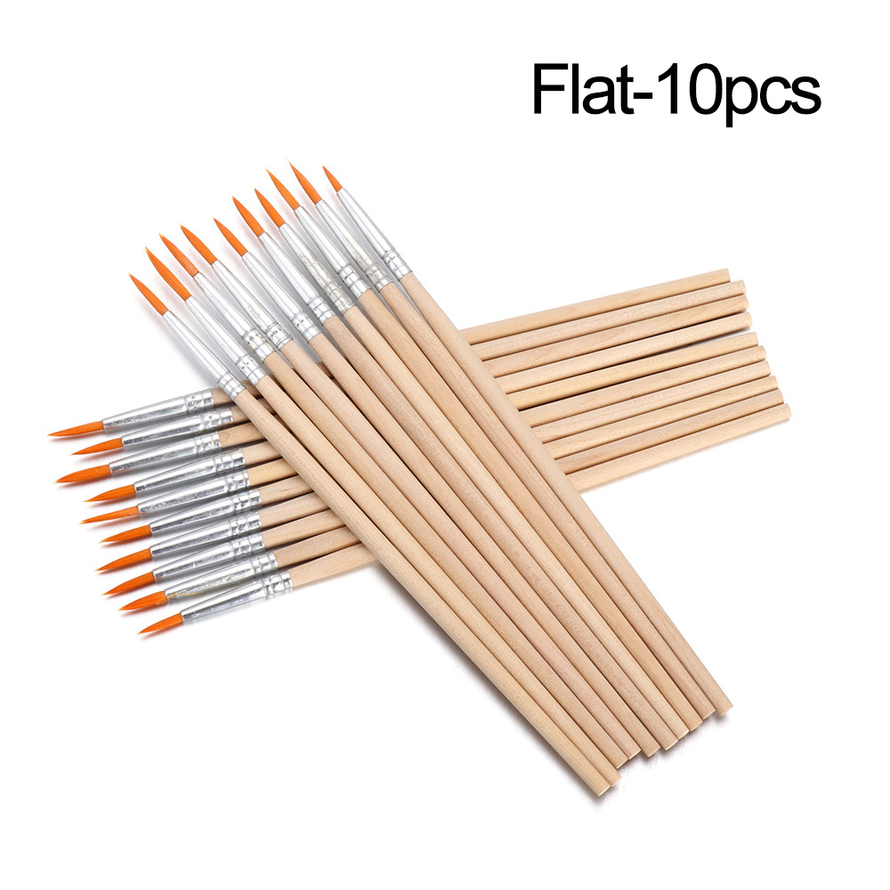10PCS Hook Line Pen Wood Handle Drawing Brush Painting Pen Watercolor Calligraphy Paint Brushes Art Supplies: Flat-10pcs