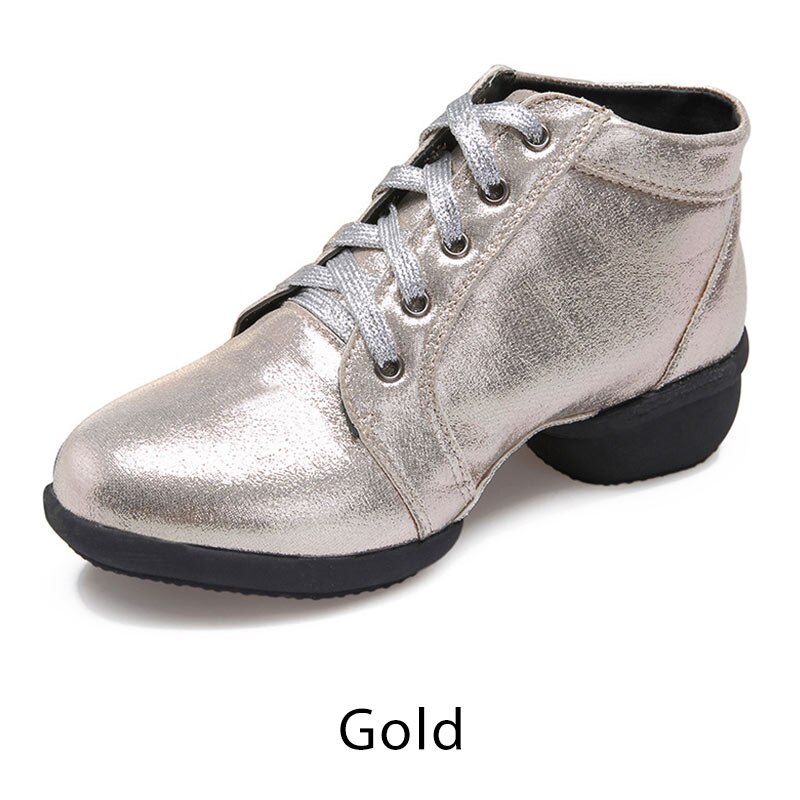 Zapatos de baile modernos para mujer, botas de baile de Jazz con tacón medio de cuero dorado, talla 35-41 de 4cm: Gold / 7