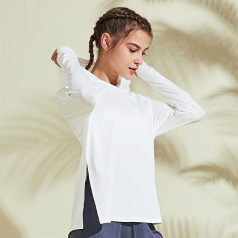 Salspor solide yogatrøjer kvinder løst hætteklædte åndbar hurtig tør sport top bluse kører høje elastikker træning femme t-shirts: Hvid / S