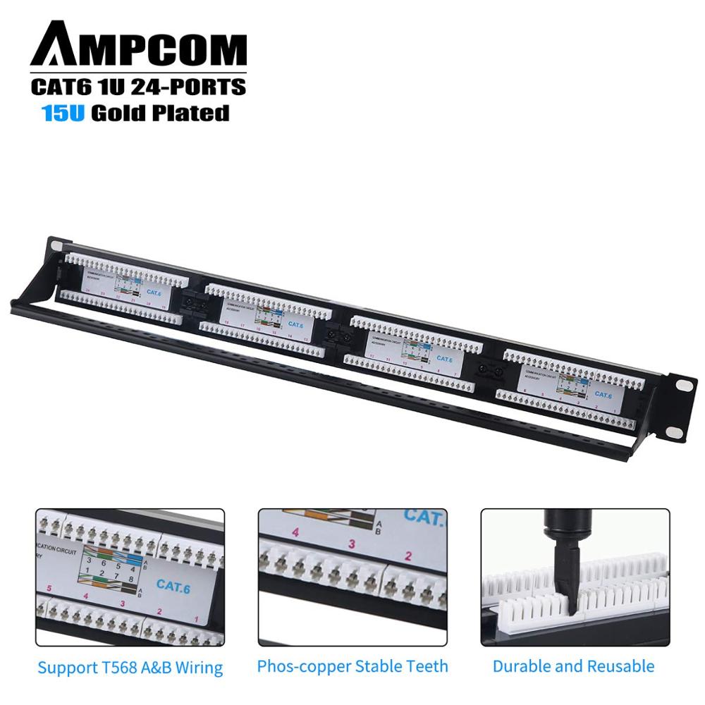 AMPCOM Premium Series CAT6 Patch Panel,15μ Gold Plated,1U 24-Port Rackmount or Wallmount Punch Down Patch Panel