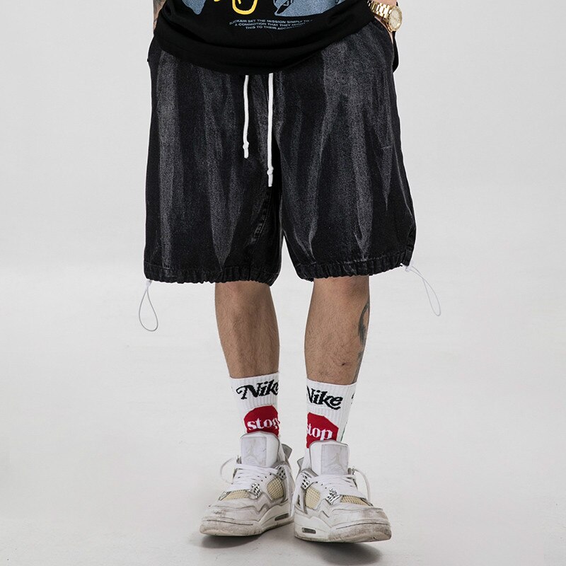 UNCLEDONJM Hip Hop Denim Shorts Streetwear Illusion Veins Harajuku Jogger Shorts Loose Summer Denim Cargo Shorts ME-Z56