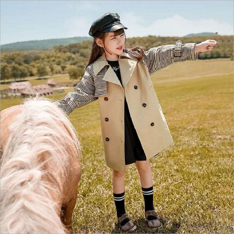 Kinderen Windjack Plaid Jassen Voor Meisjes Lente Katoenen Trenchcoat Voor Meisjes Double-Breasted Toevallige Bovenkleding Teens Kids Geul: 130  6-7T