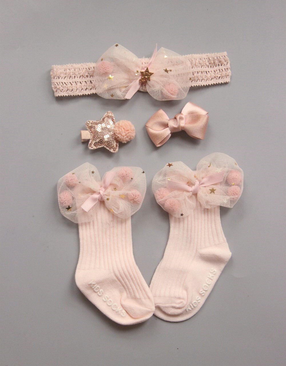 4pcs/Sets Newborn Baby Girl Boy Socks Lace Ruffle Tutu Socks Frilly Ankle Princess Anti Slip Socks+Headband+Hair Pin 0-24M: F