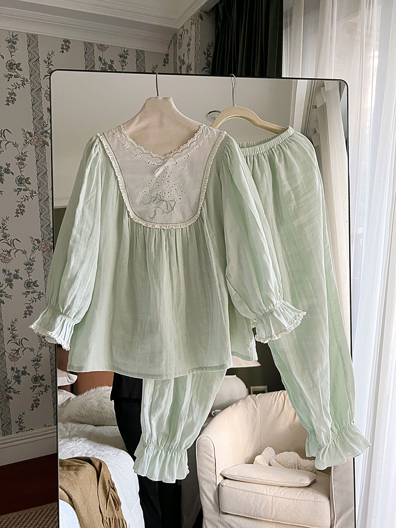 1 Set Women‘s Sleepwear Spring Green Color Pajama Sets Vintage Ladies Girl&#39;s Princess French Style Pyjamas Set Nightwear Nightie