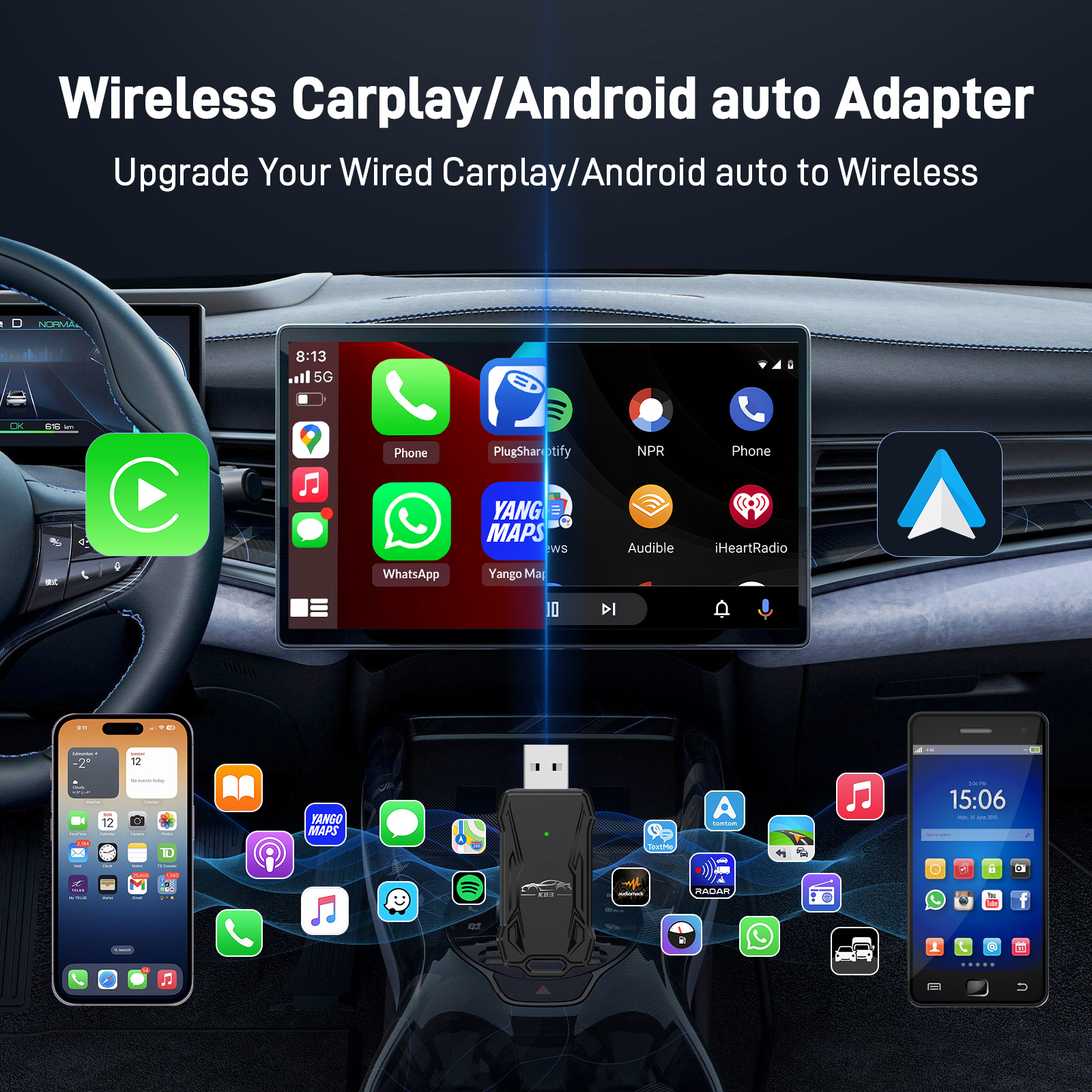 Draadloze CarPlay-adapter, Carplay draadloze adapter voor Android/iOS-auto's, originele auto bedraad naar draadloze adapter, plug and play