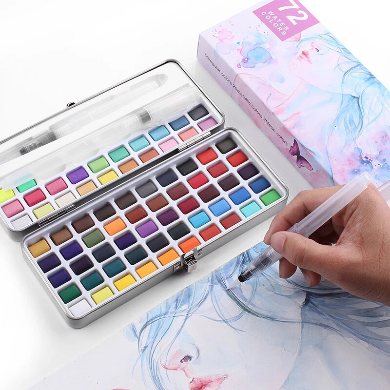 50/72/90 Kleur Solide Aquarel Set Draagbare Metalen Doos Basic Neone Glitter Parel Aquarel Verf Voor Tekenen art Verf Levert