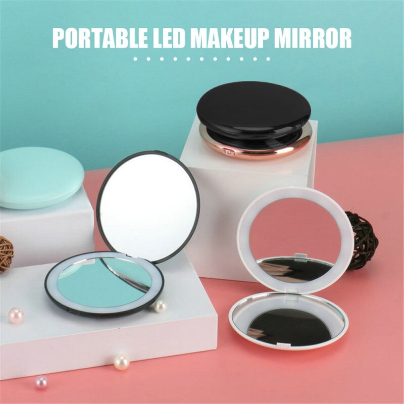 Mini Draagbare Led Make-Up Spiegel 10X Vergroten Hand Hold Opvouwbare 12 Leds Pocket Make-Up Spiegel Licht Schoonheid Cosmetische Tool