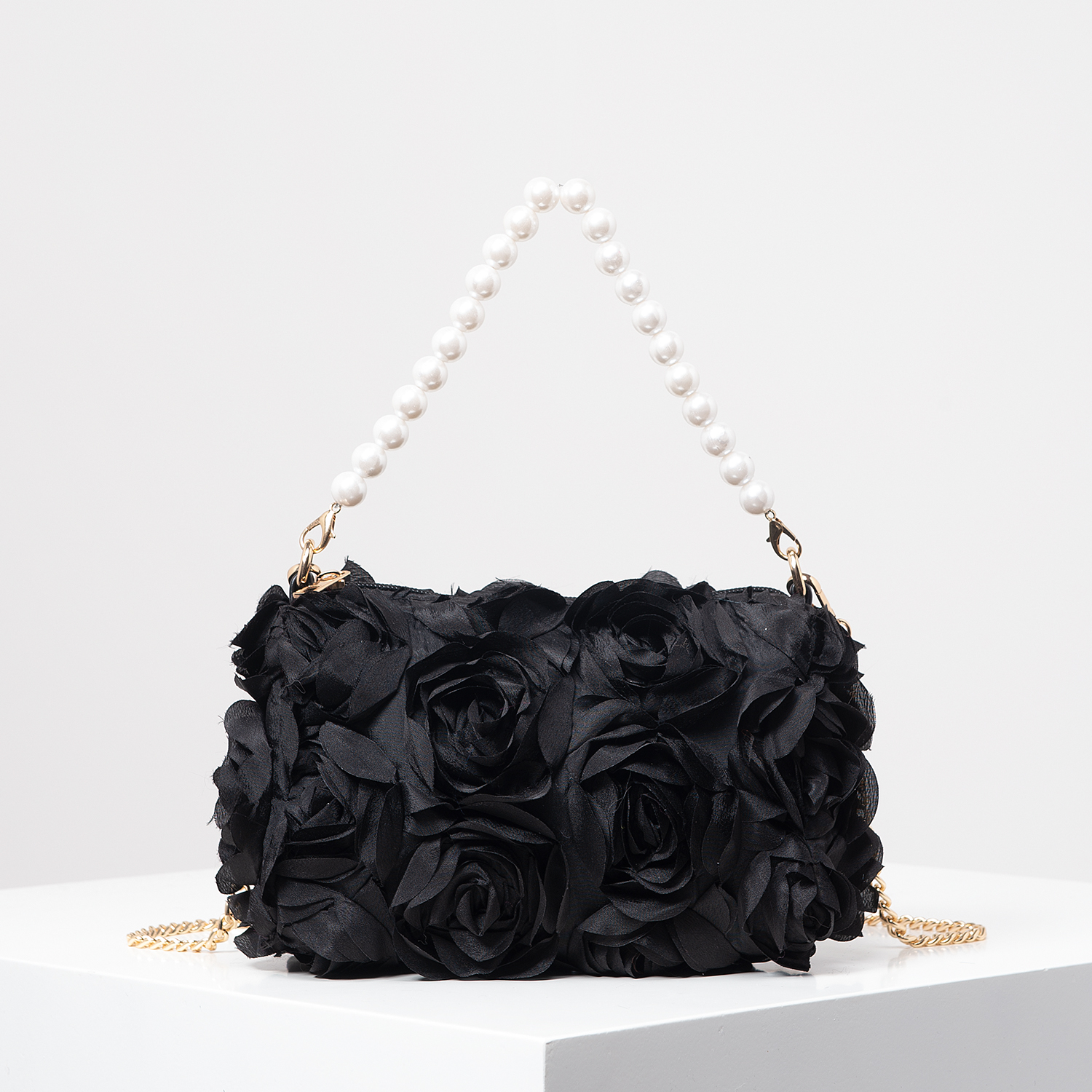sac de dîner fleur rose, sac à main en fausse perle, sac à bandoulière chaîne en métal, sac de mariée (motif aléatoire): Black