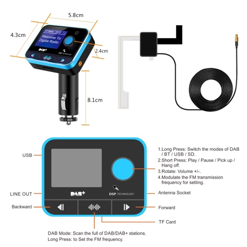 DAB008 Auto Fm-zender Dab Digitale Radio Bluetooth MP3 Speler Fm-zender