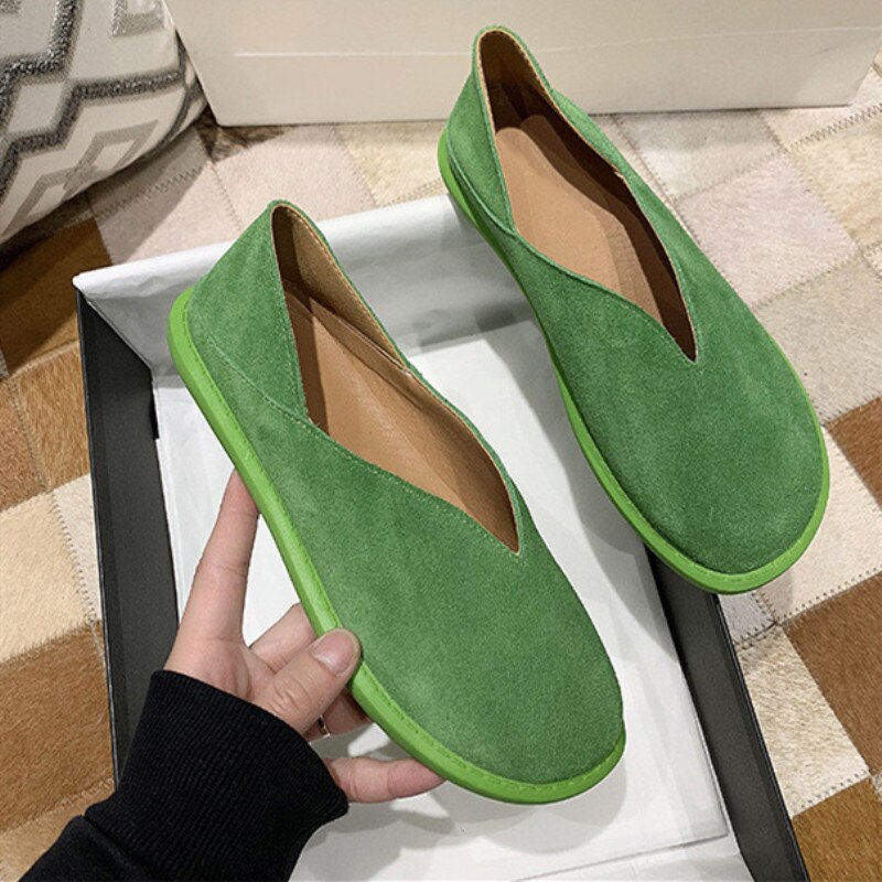 Læder loafers kvinder fritidssko lavvandede mokkasiner blød rund tå fodtøj slip-on kvinder flats brune sko kvinde str. 35-39: Grøn / 39