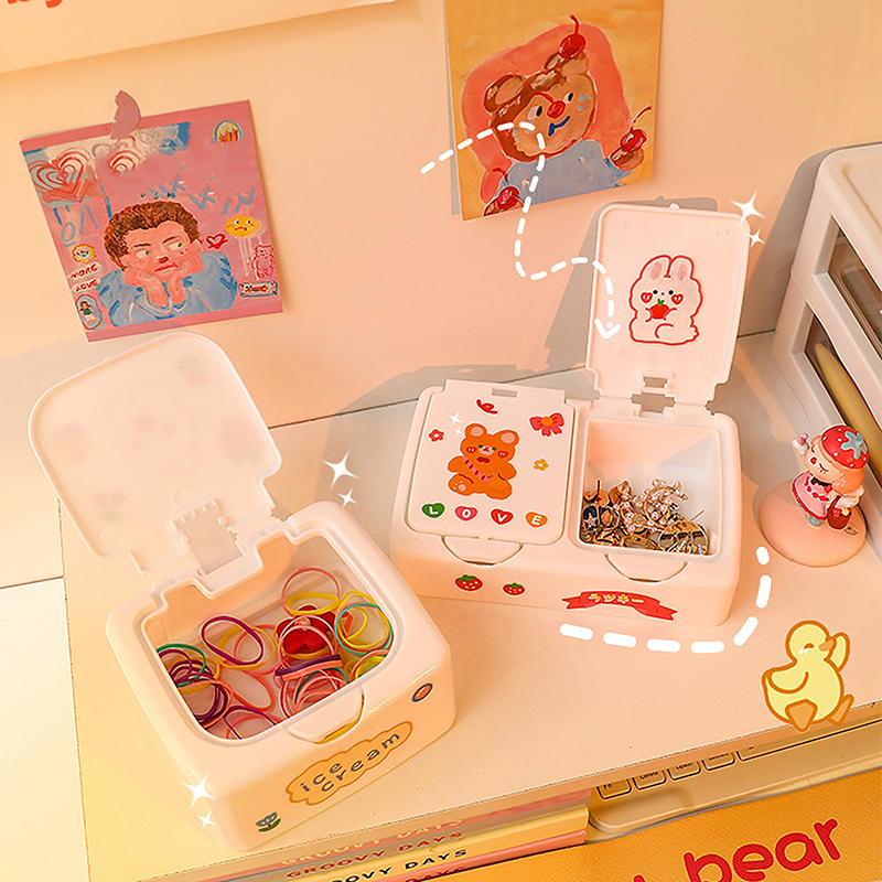 Imprensa Dos Desenhos Animados Kawaii-Open Desk Caixa Organizadora com Tampa, Cosméticos e Armazenamento de Maquiagem, Mini Recipiente De Jóias, Botão Recipiente