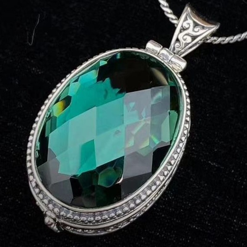 925 Sterling Zilveren Ovale Natuurlijke Edelsteen Emerald Green Crystal Hanger Charm Vintage Etnische Sieraden Kan Openen En Sluiten