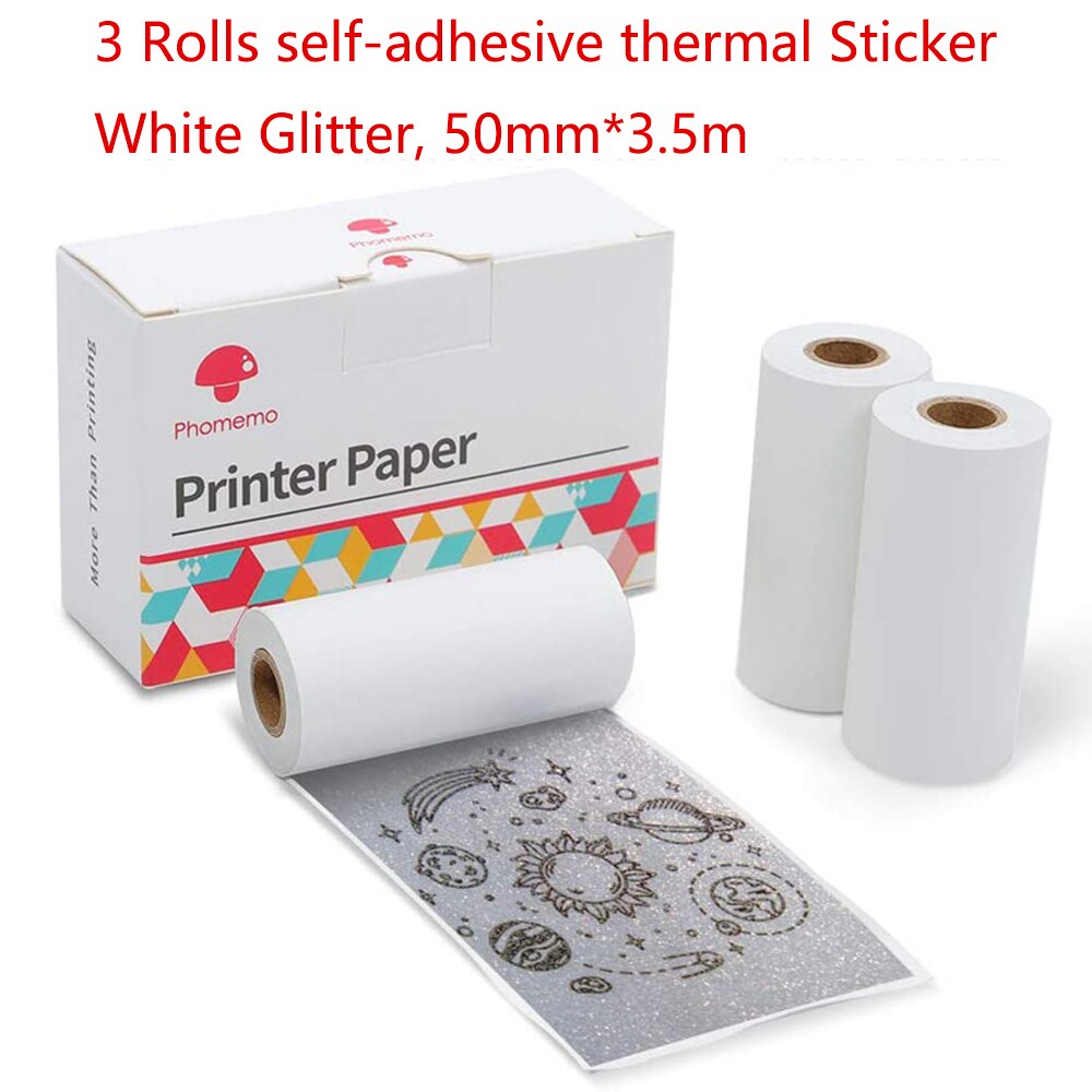 Printable Sticker Thermal Paper Phomemo Self-Adhesive Transparent Gold Photo Paper Rolls for Phomemo M02/M02S/M02 Pro Printer: White Glitter