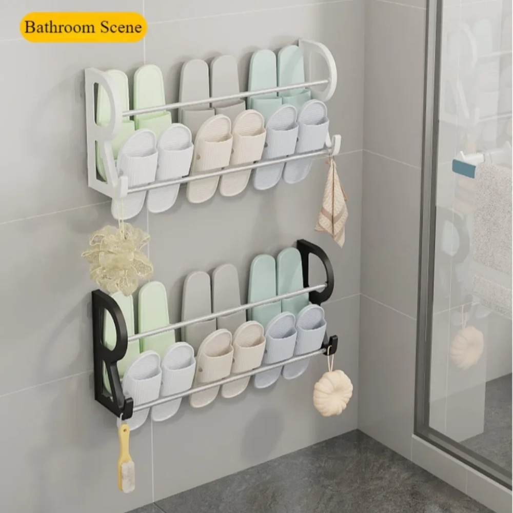Veggmontert skohylle enkel dobbeltlags skohylle baderomstativ multifunksjonell uten skrog organiseringstativer