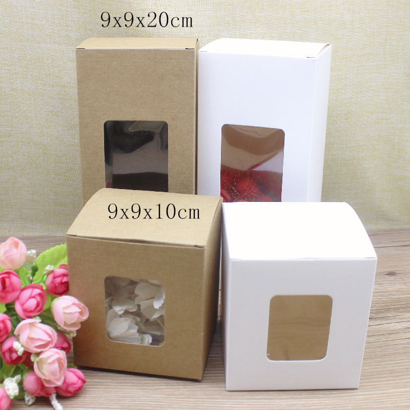 10 Stuks Diy Vintage Kraft Papieren Dozen, Witte Grote Raam Papier Geschenkdozen, Cake Verpakking Dozen, Kerst Geschenkdozen