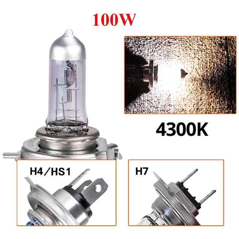 Ampoule de phare de moto halogène H4 H7 HS1 12V 55W 100W 6500K, lampe de moteur en verre de Quartz blanc: H7 / 4300k 100w