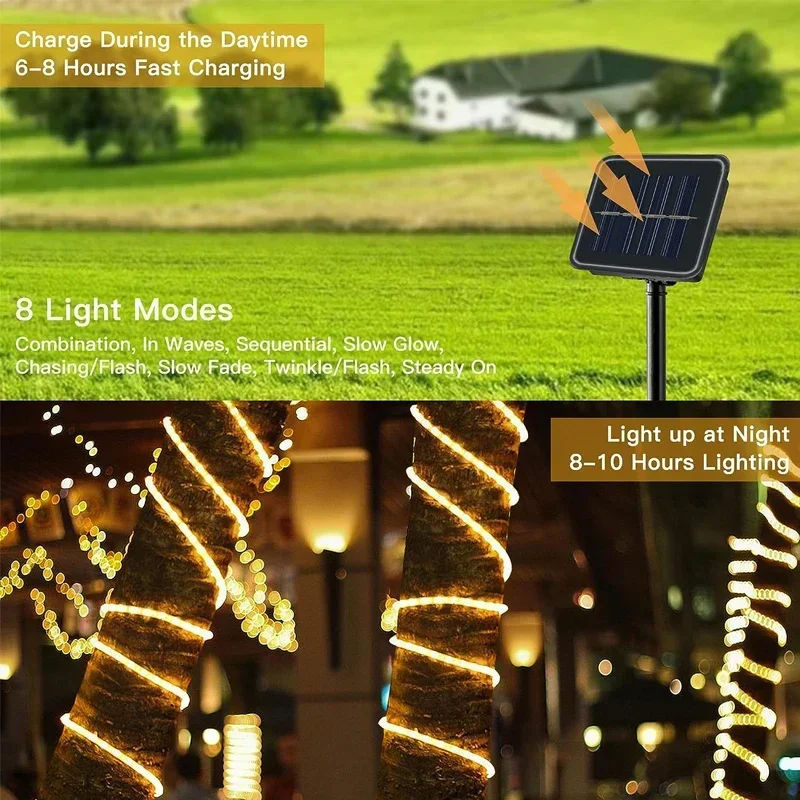 Solar Rope Lights Waterproof LED Light Rope Solar String Lights Outdoor for Patio Pool Landscape Christmas Tree Decorations